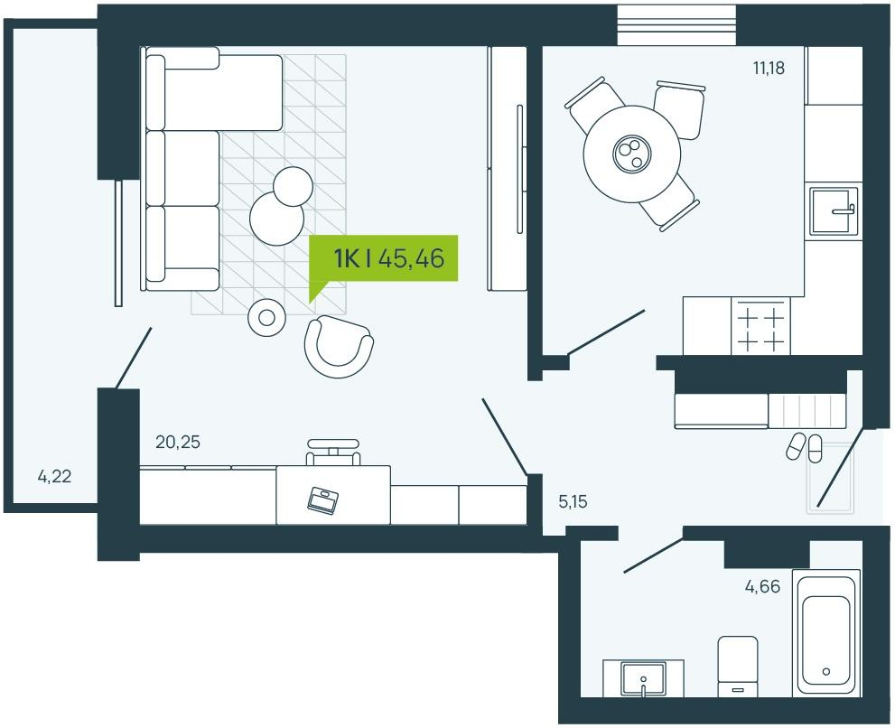 1-комнатная 45 м2 в ЖК Зоркий Парк корпус null этаж 7