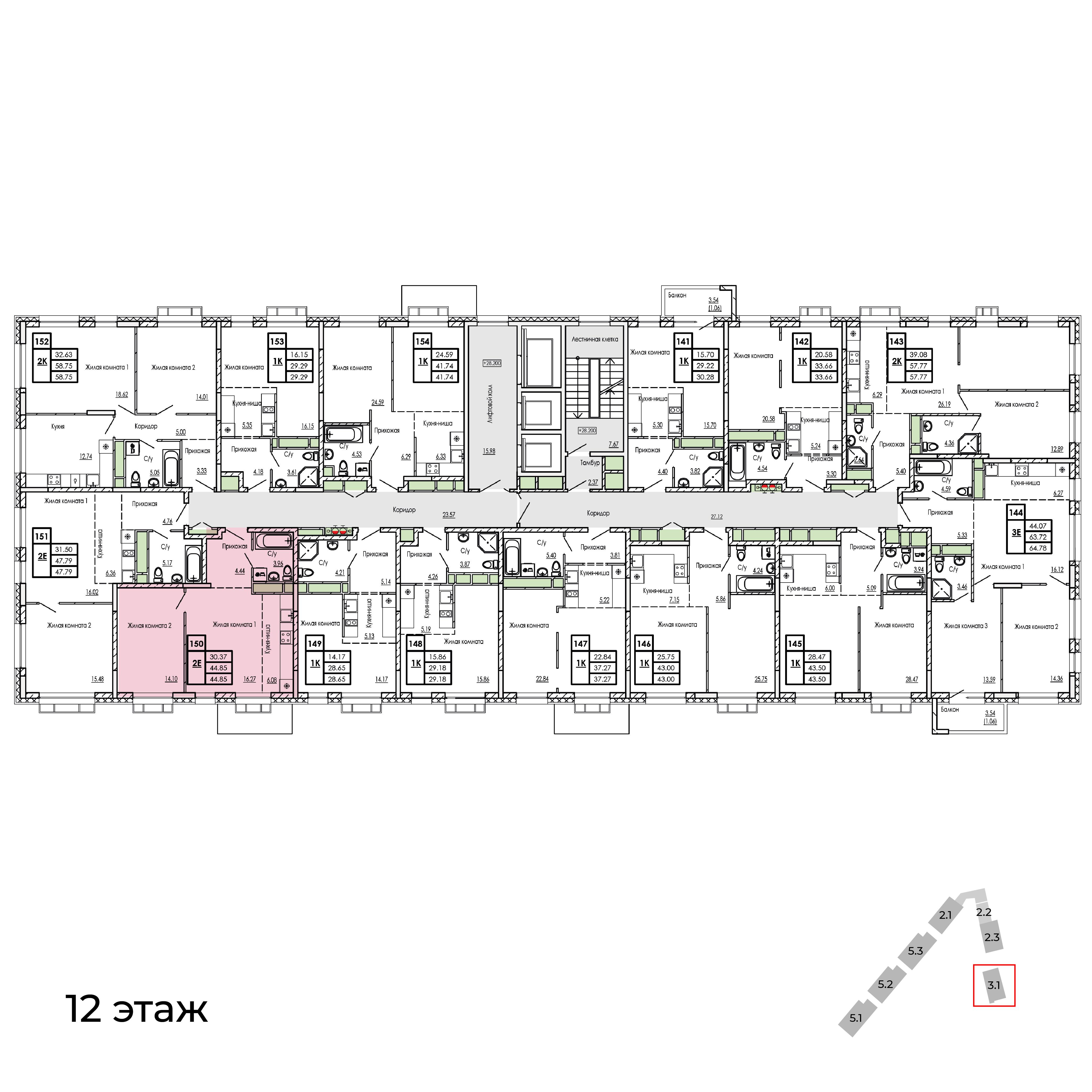 2-комнатная 44 м2 в ЖК Сенсация корпус null этаж 12
