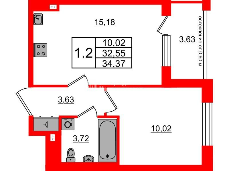 1-комнатная 32 м2 в ЖК Univer City корпус null этаж 2