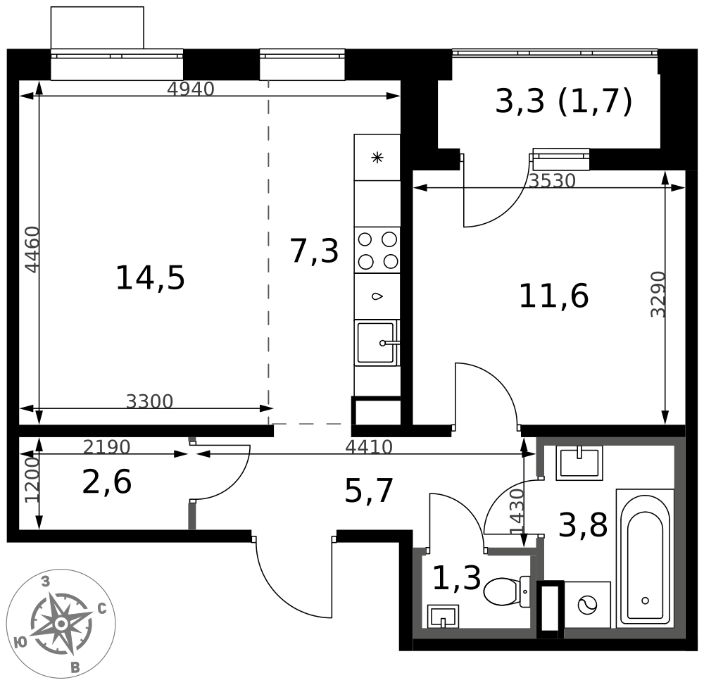 2-комнатная 48 м2 в ЖК 1-й Южный корпус null этаж 24