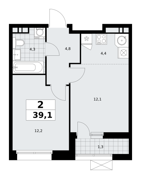 2-комнатная 39 м2 в ЖК Бунинские кварталы корпус null этаж 6