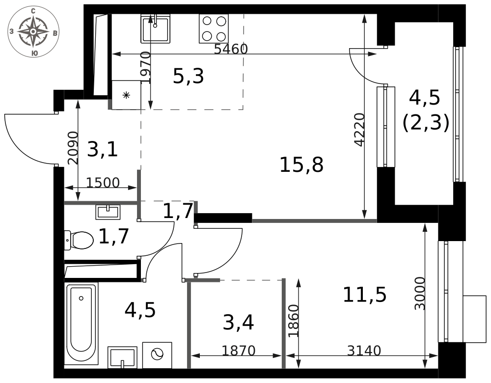 2-комнатная 49 м2 в ЖК 1-й Саларьевский корпус null этаж 12