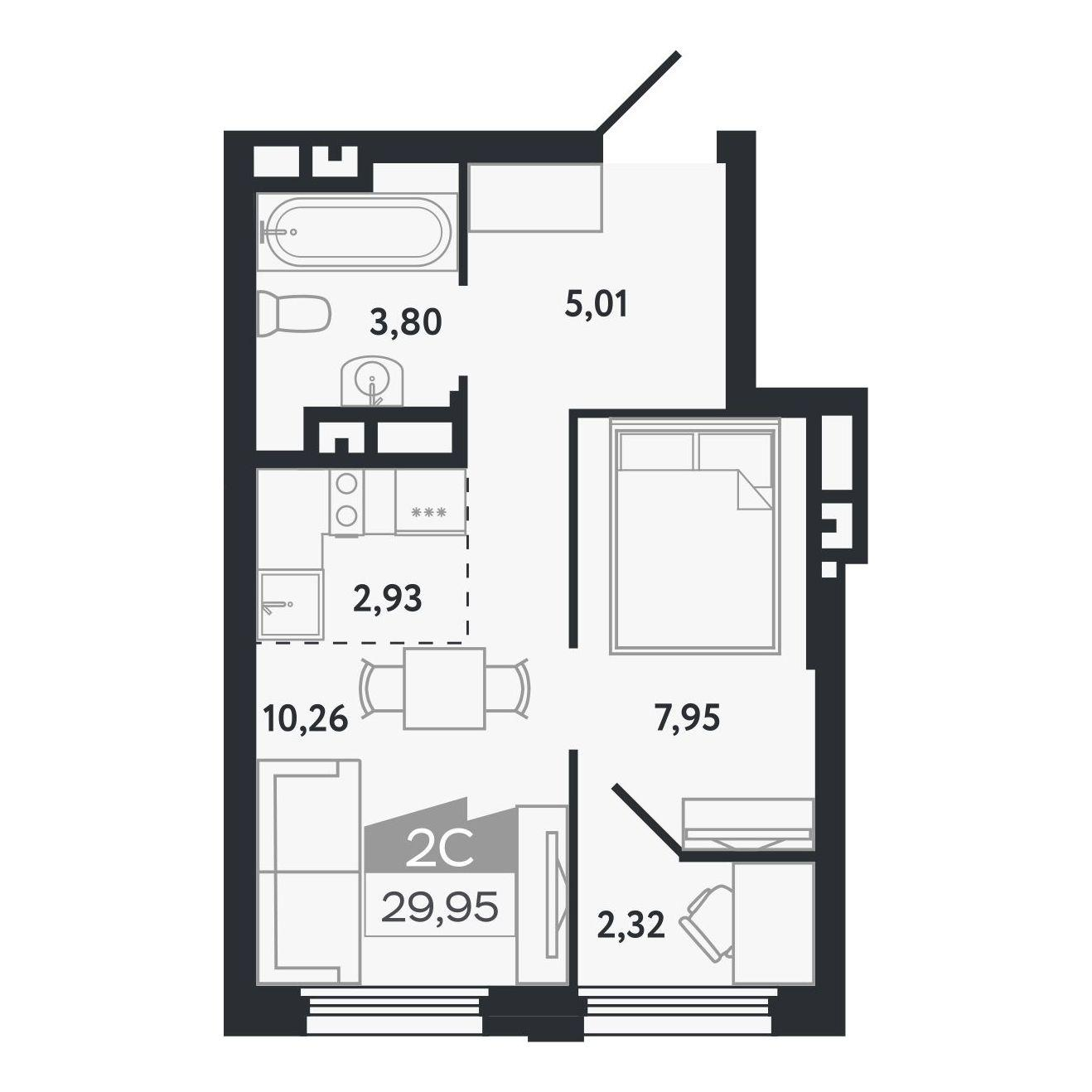 2-комнатная 29 м2 в ЖК Квартал 1604 корпус null этаж 17