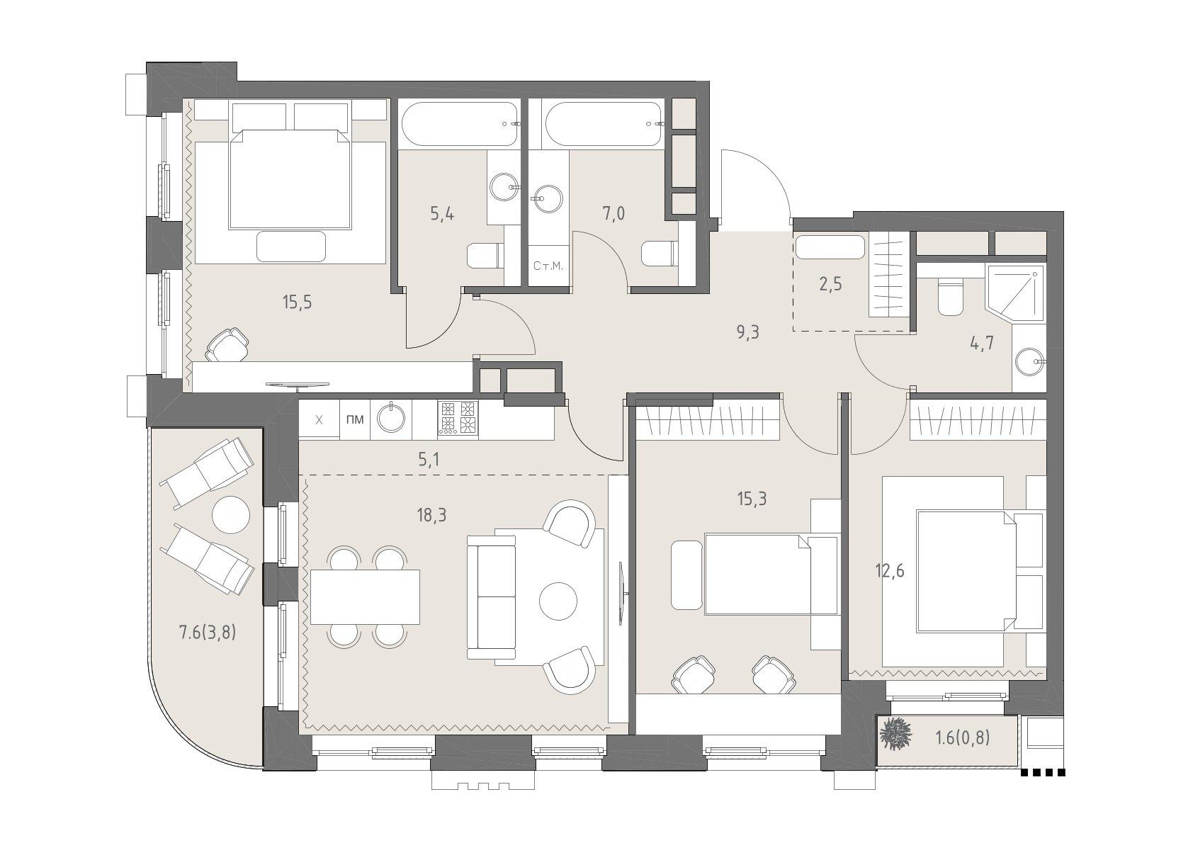 4-комнатная 100 м2 в ЖК Родина парк корпус null этаж 10