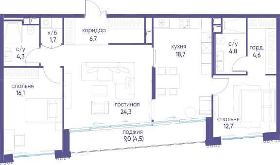 3-комнатная 98 м2 в ЖК Остров корпус null этаж 3