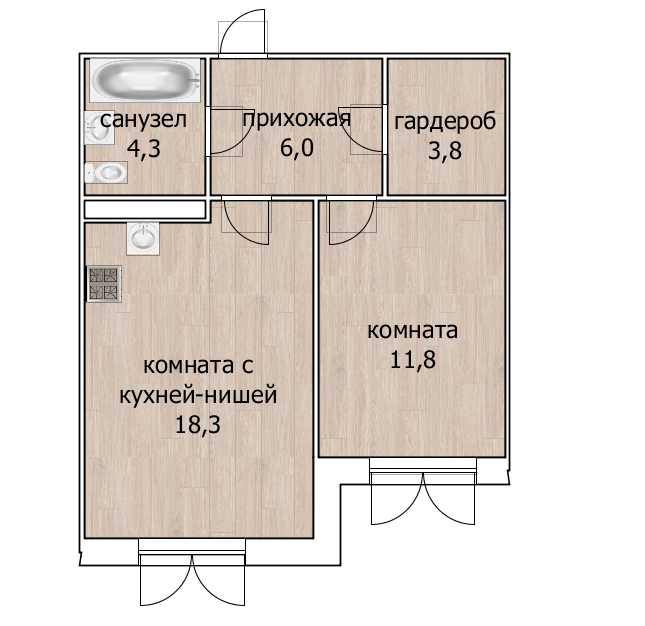 1-комнатная 44.3 м2 в ЖК undefined корпус null этаж 3
