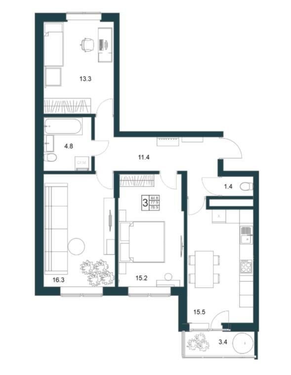 3-комнатная 78.9 м2 в ЖК undefined корпус null этаж 10