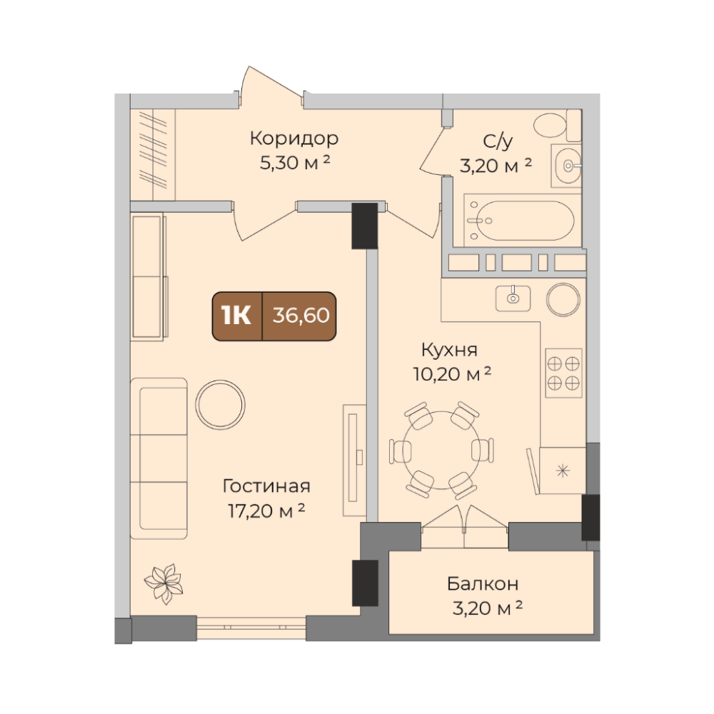 1-комнатная 36 м2 в ЖК Опера корпус null этаж 2