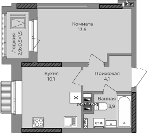 1-комнатная 34 м2 в ЖК Город-парк корпус null этаж 3