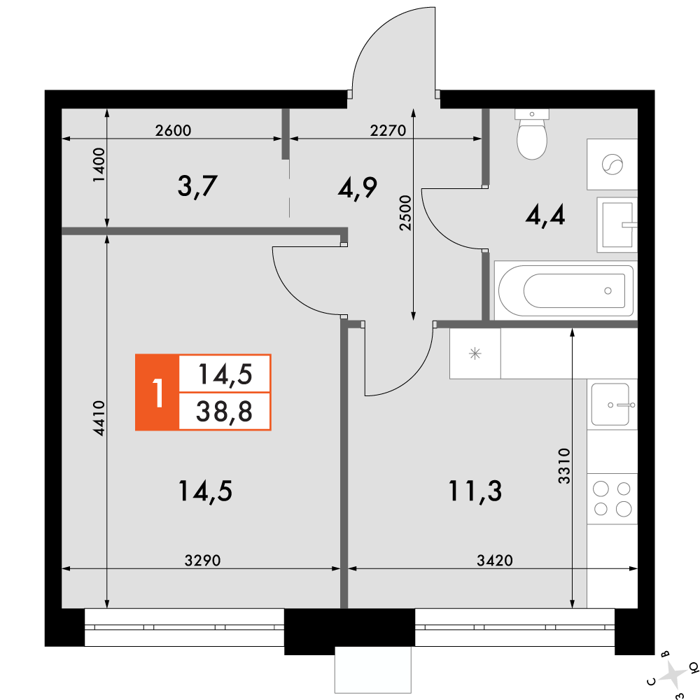 1-комнатная 38 м2 в ЖК Флагман корпус null этаж 11