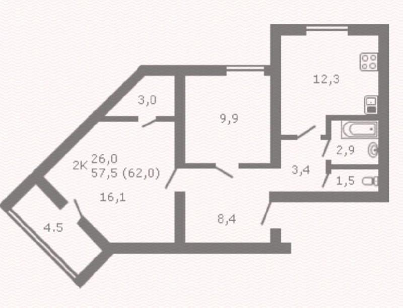 2-комнатная 57.8 м2 в ЖК undefined корпус null этаж 2