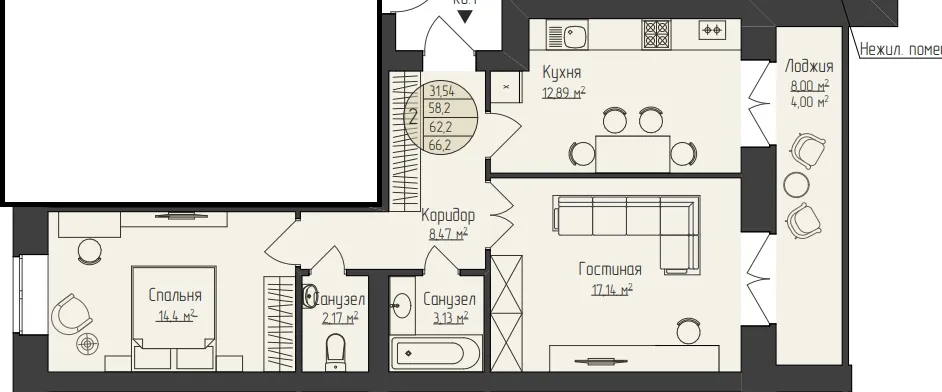 2-комнатная 66 м2 в ЖК Звездный корпус null этаж 7