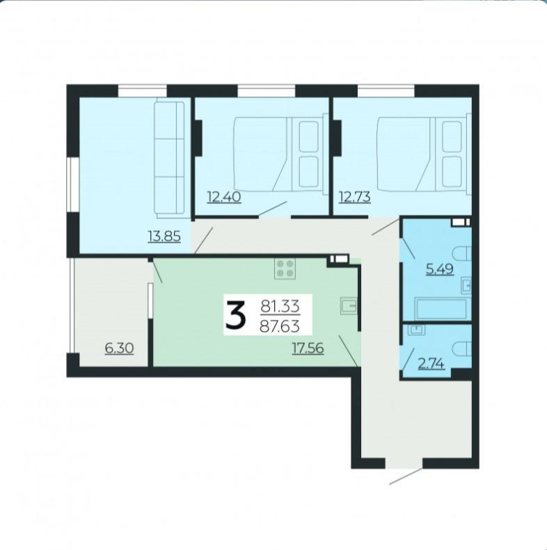 3-комнатная 87.2 м2 в ЖК undefined корпус null этаж 16