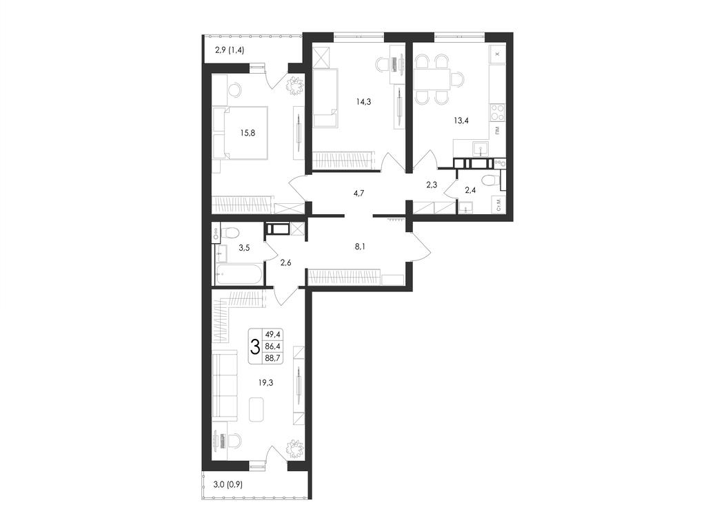 3-комнатная 88 м2 в ЖК Май корпус null этаж 12