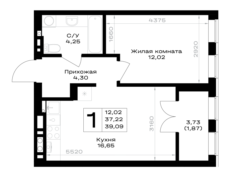 1-комнатная 39 м2 в ЖК Включи корпус null этаж 3
