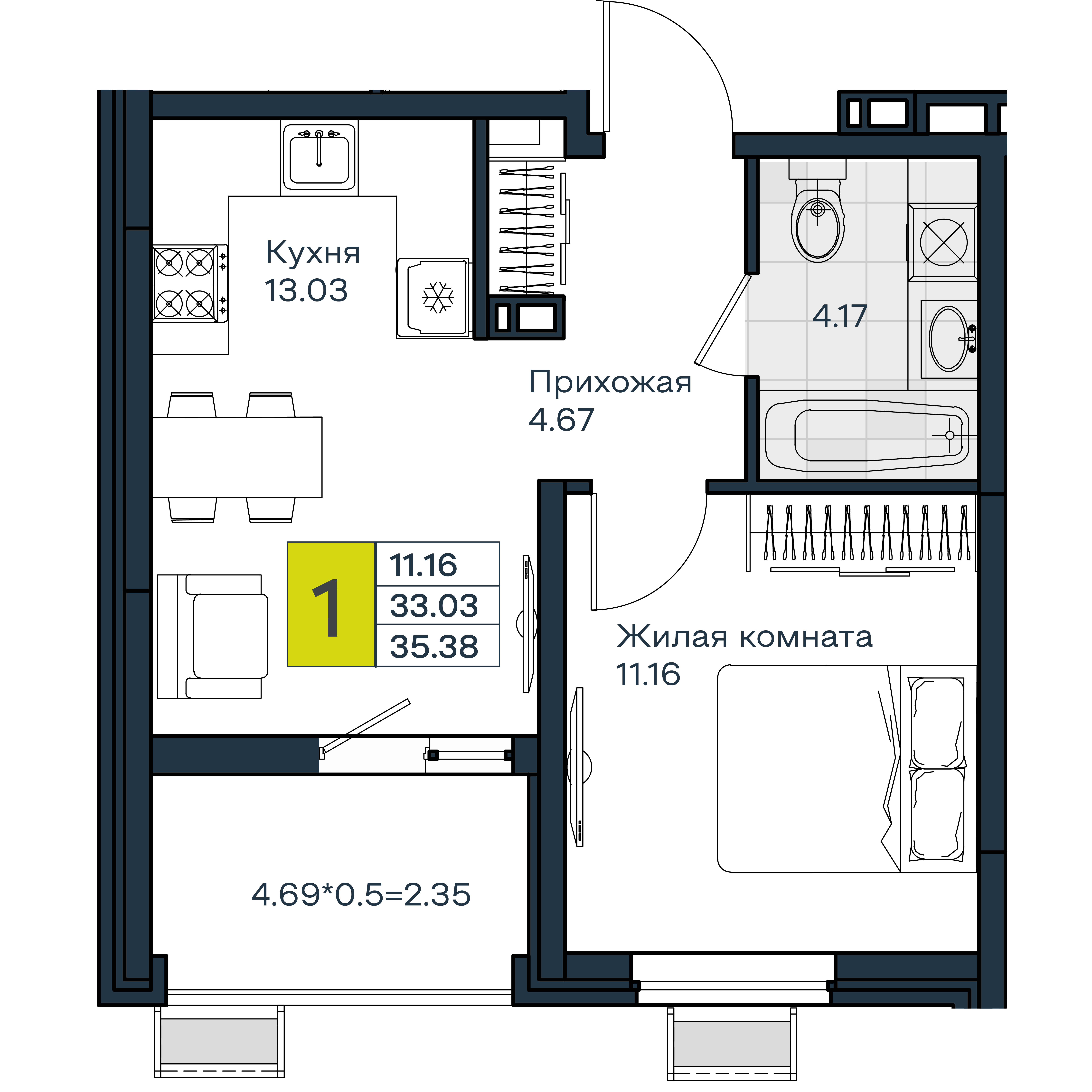 1-комнатная 35 м2 в ЖК МОНО Квартал корпус null этаж 5