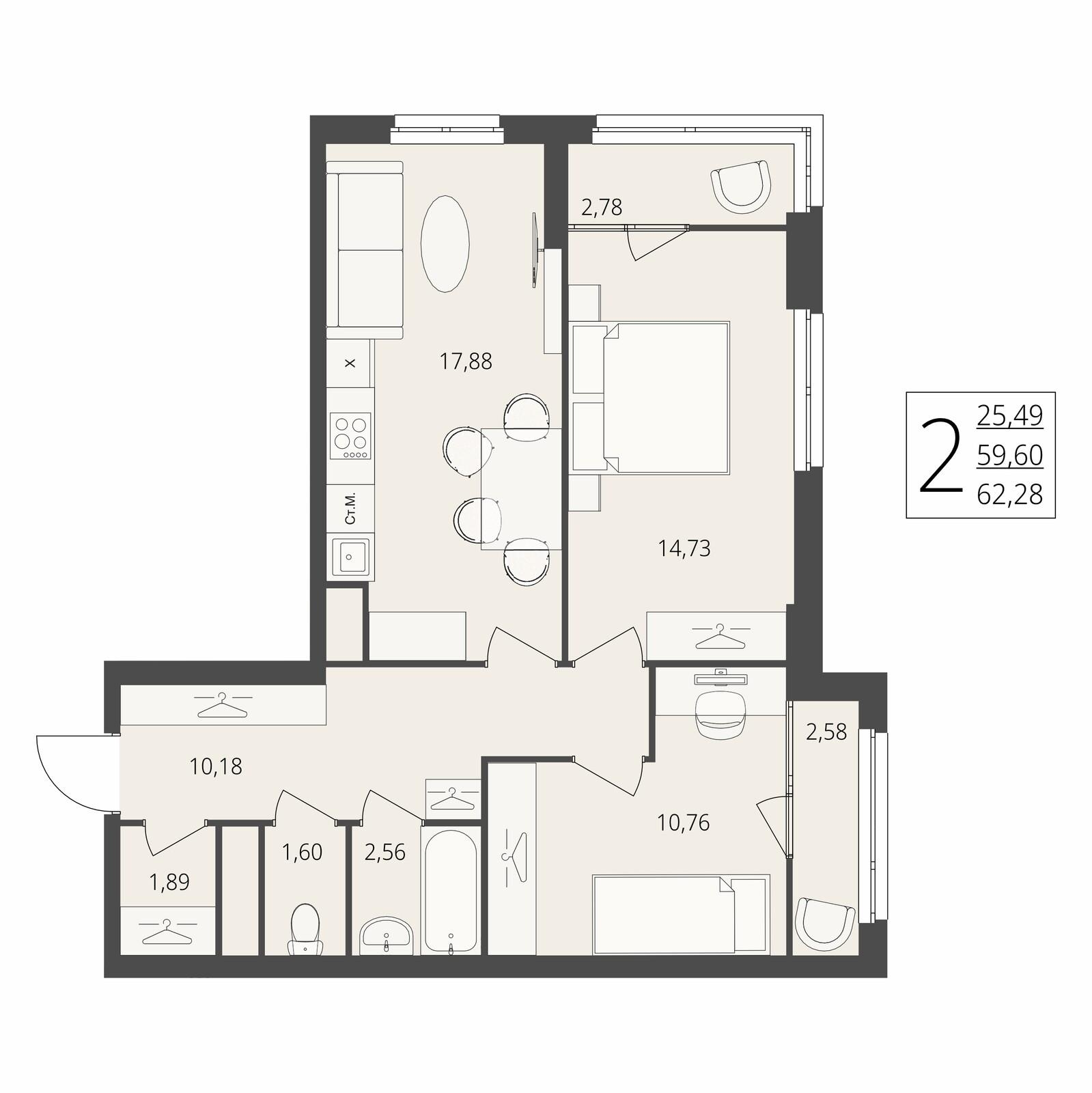 2-комнатная 62 м2 в ЖК Берег Волги корпус null этаж 9