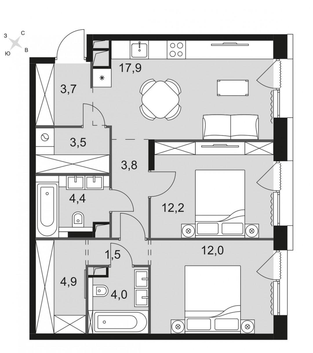 2-комнатная 68.4 м2 в ЖК undefined корпус null этаж 6