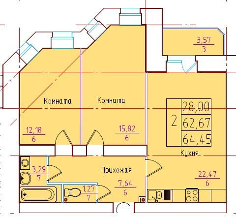 3-комнатная 62.5 м2 в ЖК undefined корпус null этаж 7