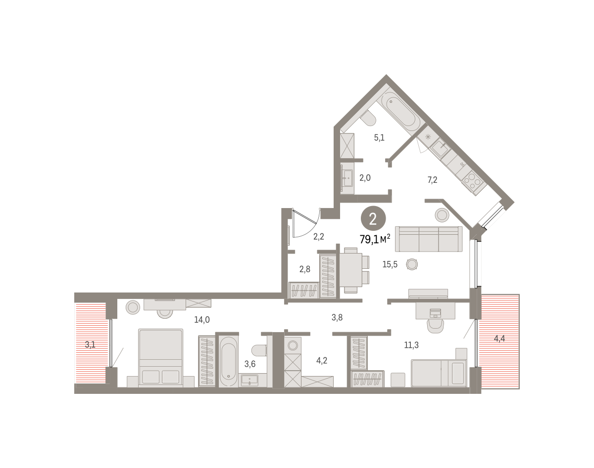 2-комнатная 78 м2 в ЖК Северный ветер корпус null этаж 3