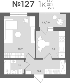 1-комнатная 33 м2 в ЖК МС18 корпус null этаж 7