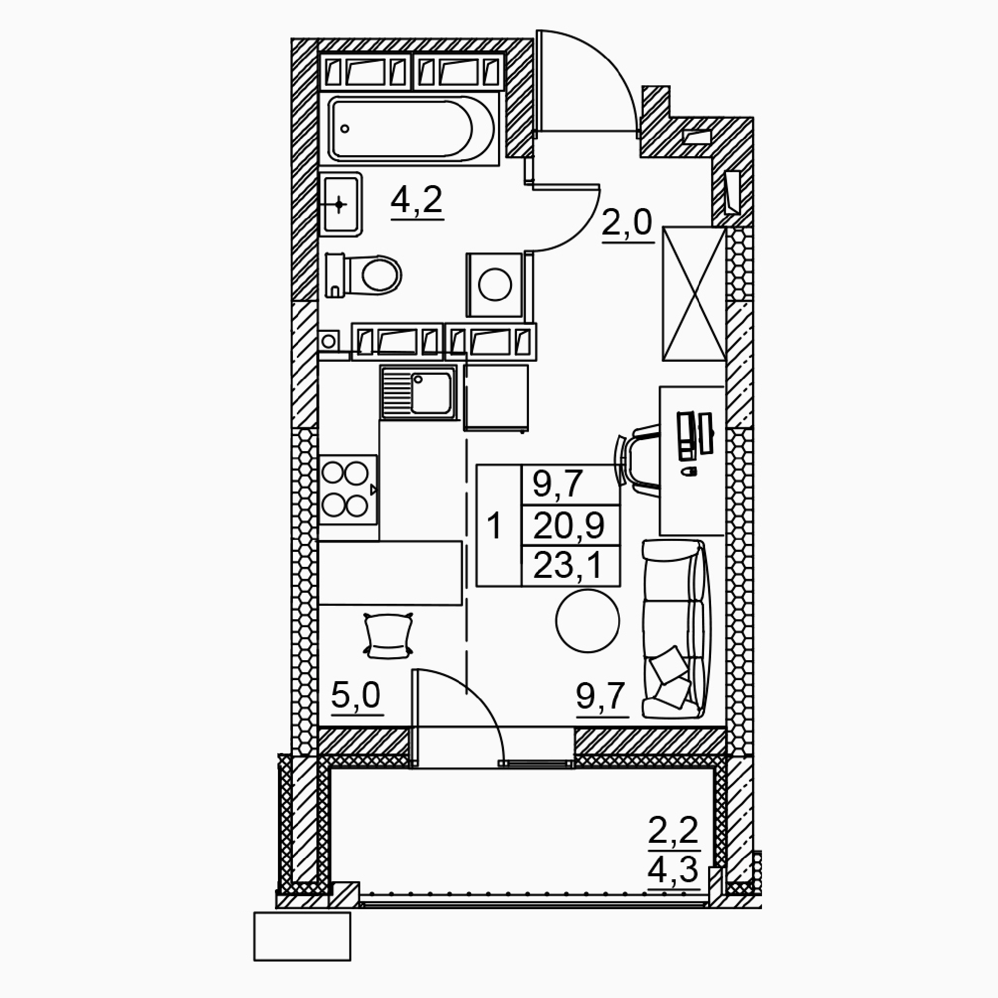 1-комнатная 23 м2 в ЖК Засекин корпус null этаж 14