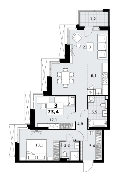 3-комнатная 73 м2 в ЖК Дзен-кварталы корпус null этаж 2
