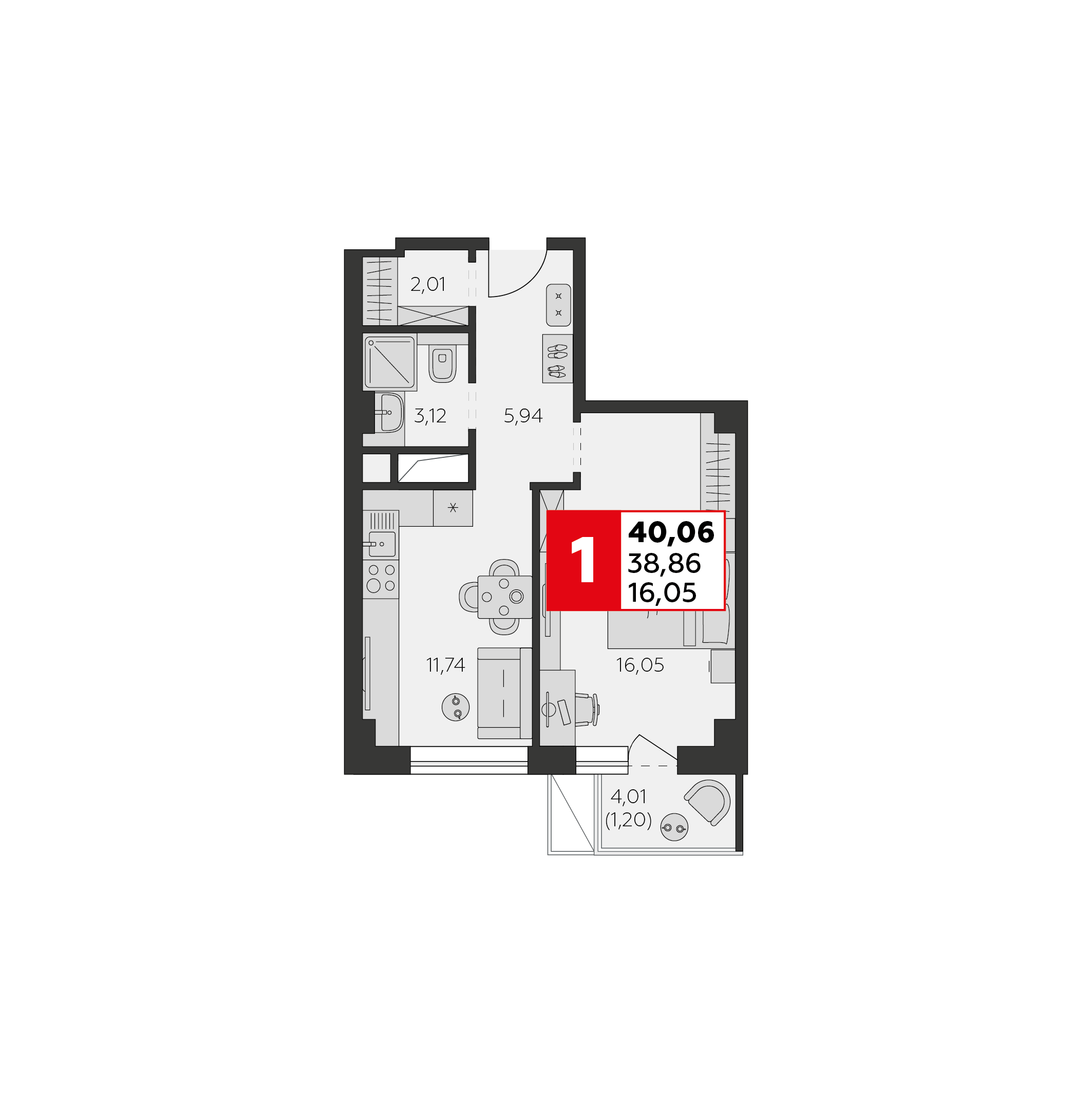 1-комнатная 40 м2 в ЖК Высотка корпус null этаж 8