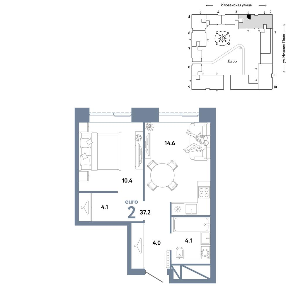 2-комнатная 37 м2 в ЖК Страна.Заречная корпус null этаж 7