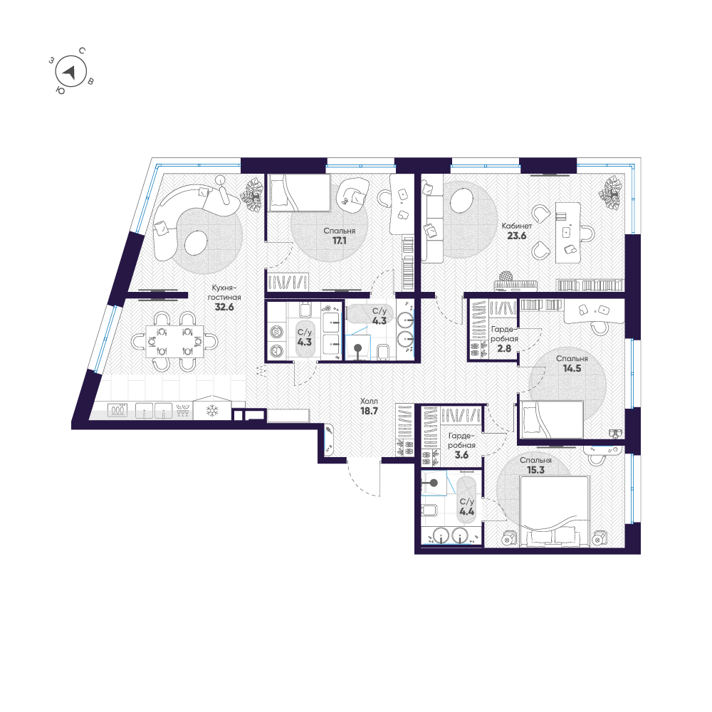 4-комнатная 141 м2 в ЖК ЛДМ корпус null этаж 3
