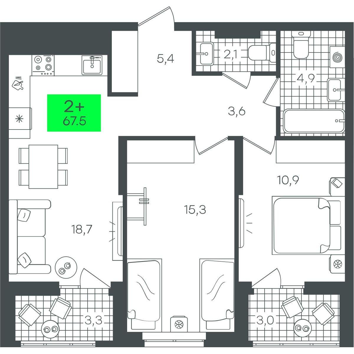 2-комнатная 67 м2 в ЖК Гранд Квартал корпус null этаж 14