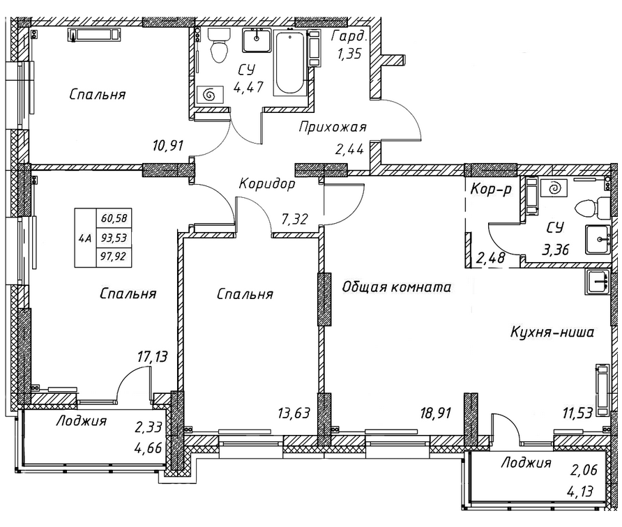 4-комнатная 93.5 м2 в ЖК undefined корпус null этаж 17