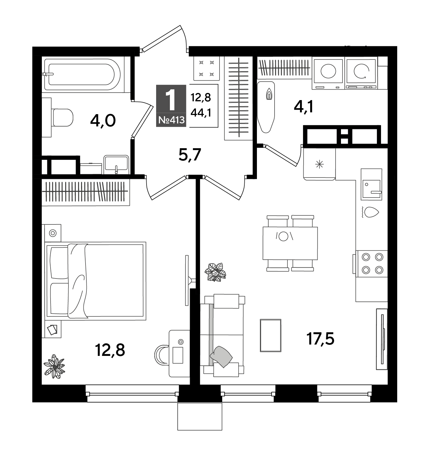 1-комнатная 44 м2 в ЖК Dogma Park корпус null этаж 17