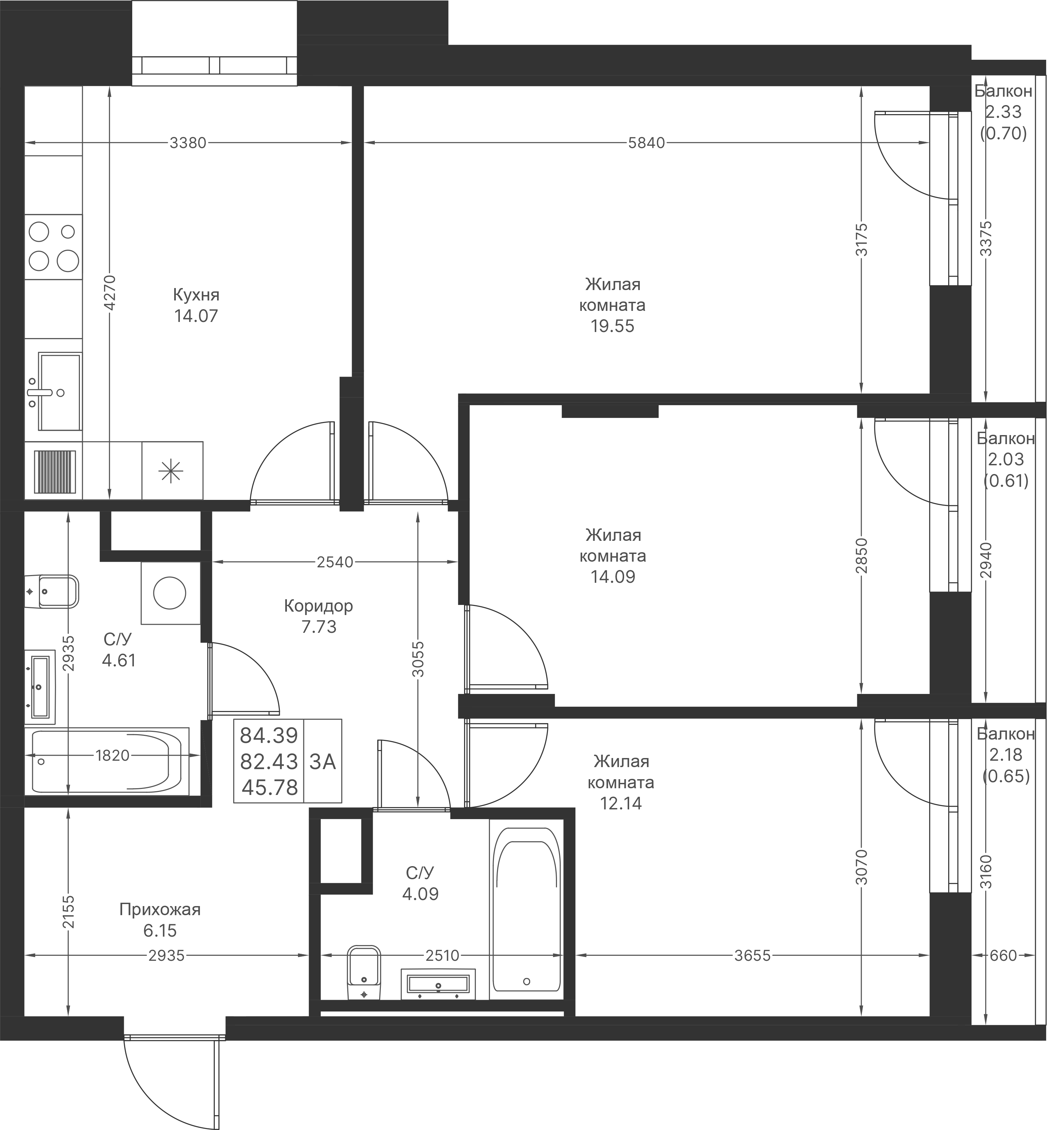 3-комнатная 84 м2 в ЖК Мой Ритм корпус null этаж 5
