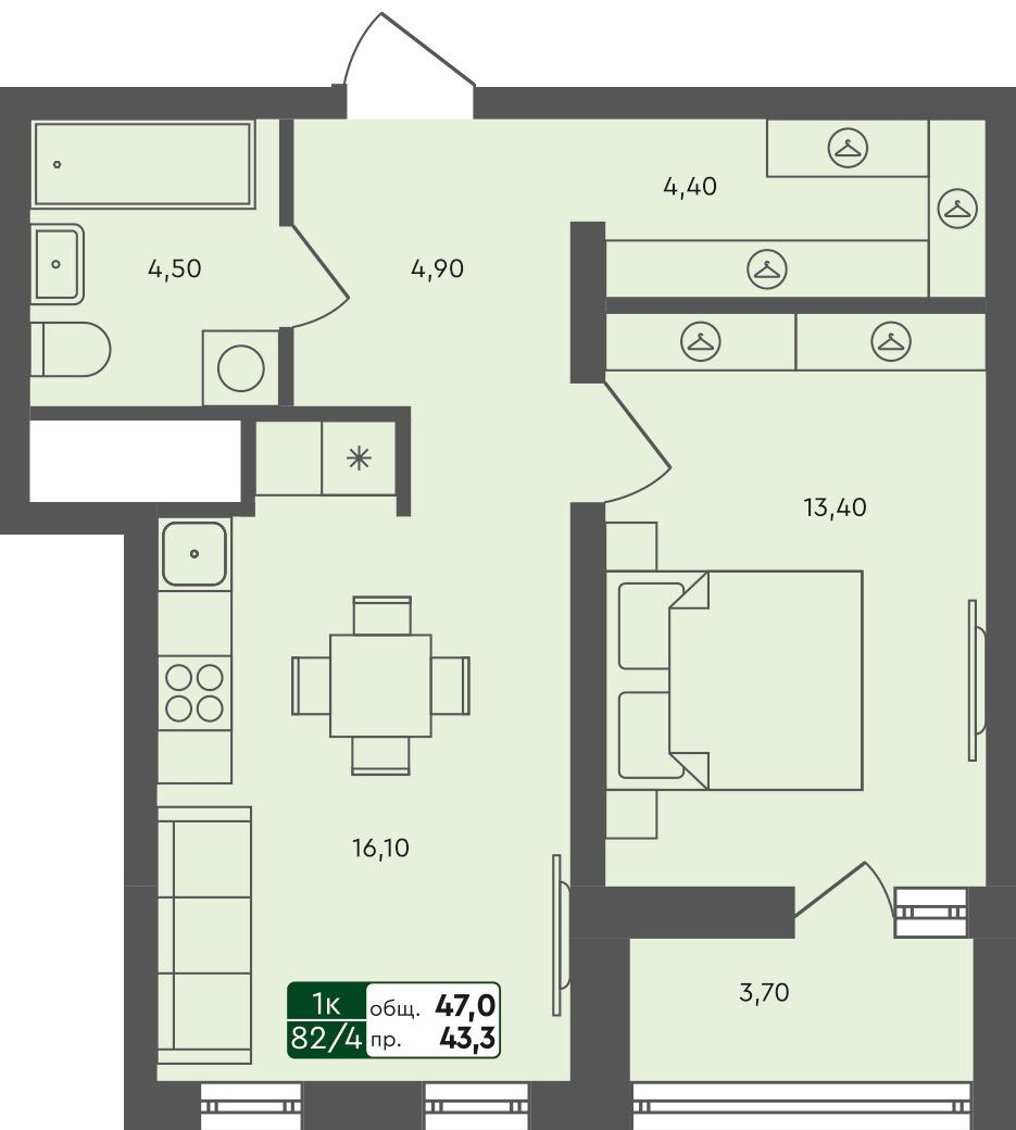 1-комнатная 47 м2 в ЖК Ритмы корпус null этаж 7