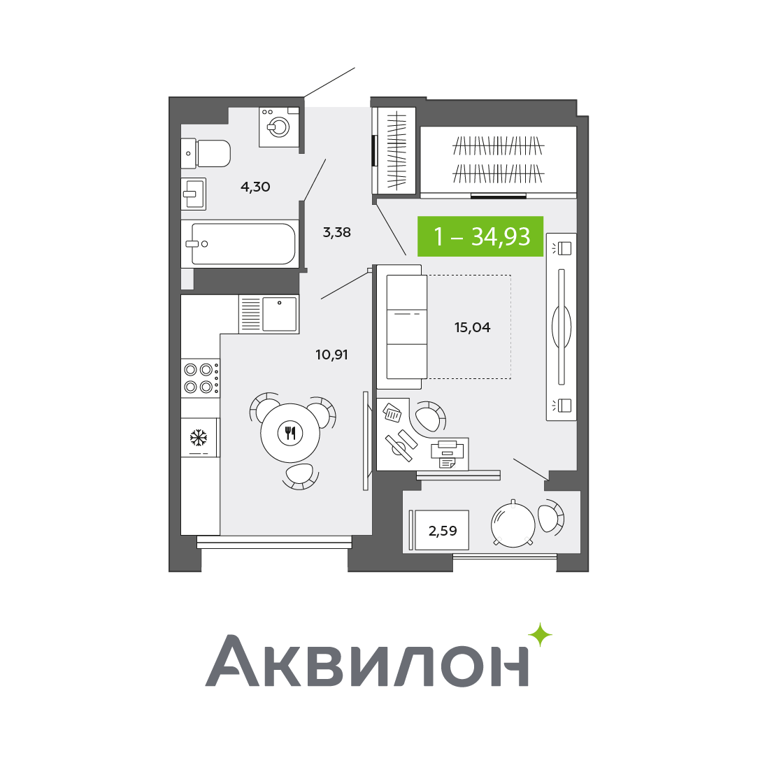 1-комнатная 34 м2 в ЖК Аквилон CITY Towers корпус null этаж 13