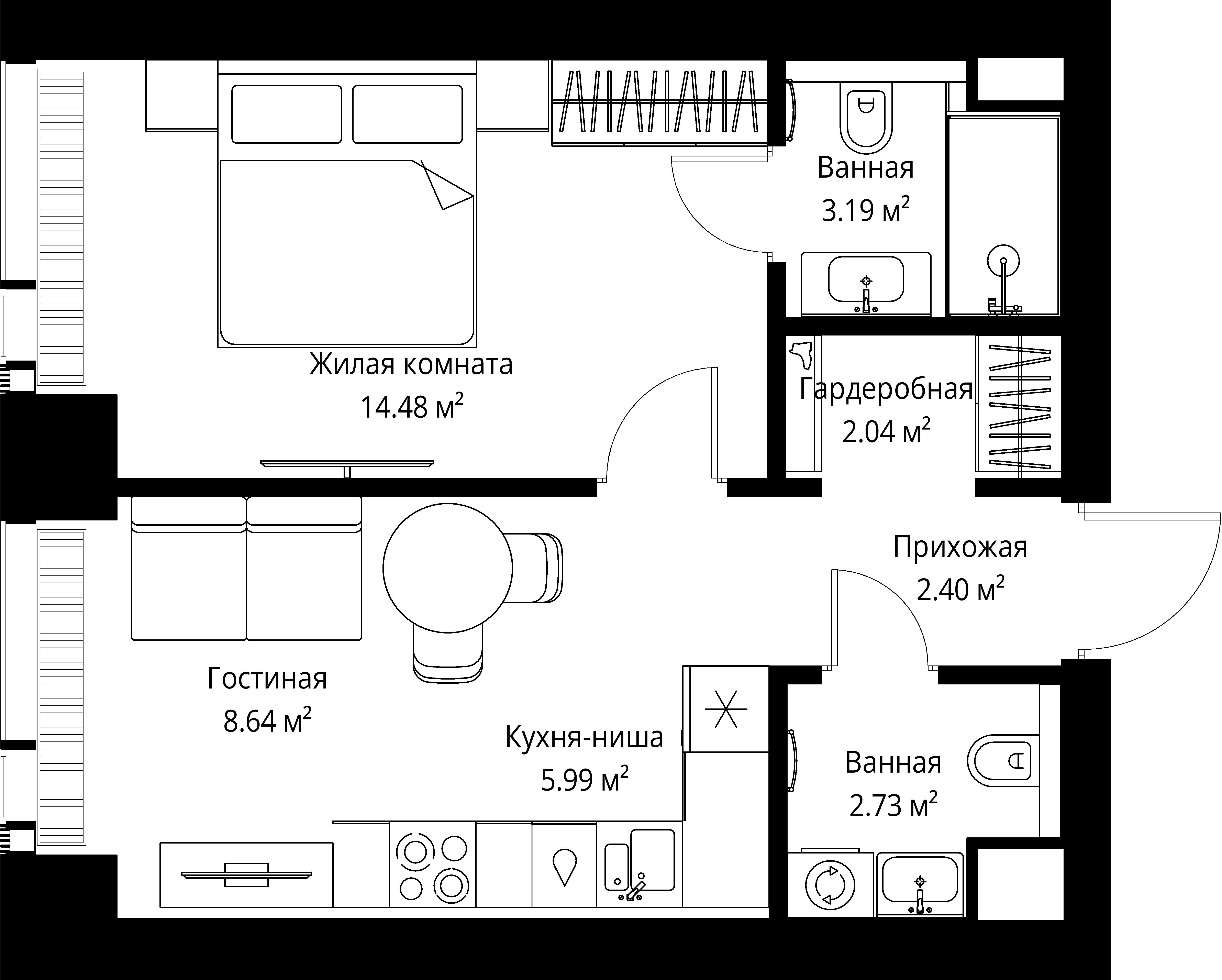 1-комнатная 39 м2 в ЖК ВЕЕР корпус null этаж 41