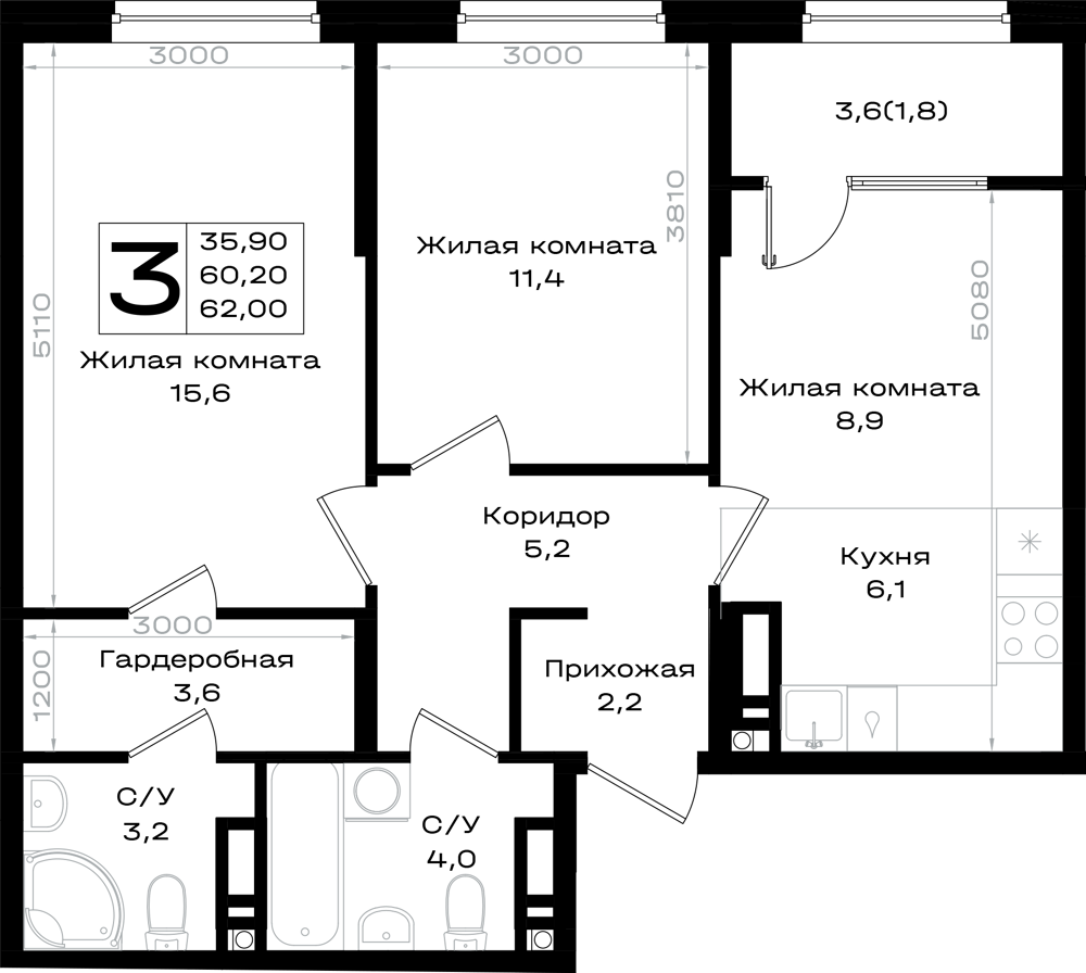 3-комнатная 62 м2 в ЖК Придонье корпус null этаж 4