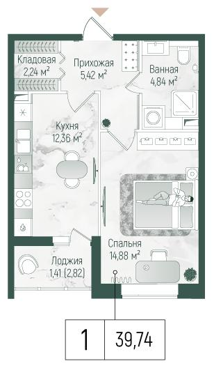 1-комнатная 41 м2 в ЖК Рига Хиллс корпус null этаж 2