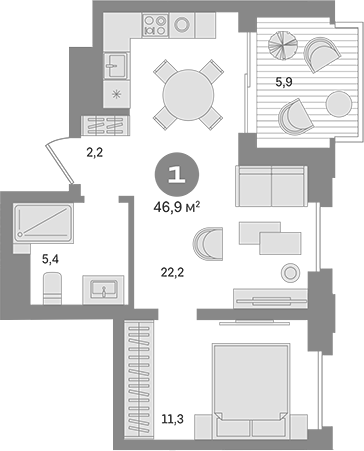 1-комнатная 46.9 м2 в ЖК undefined корпус null этаж 15