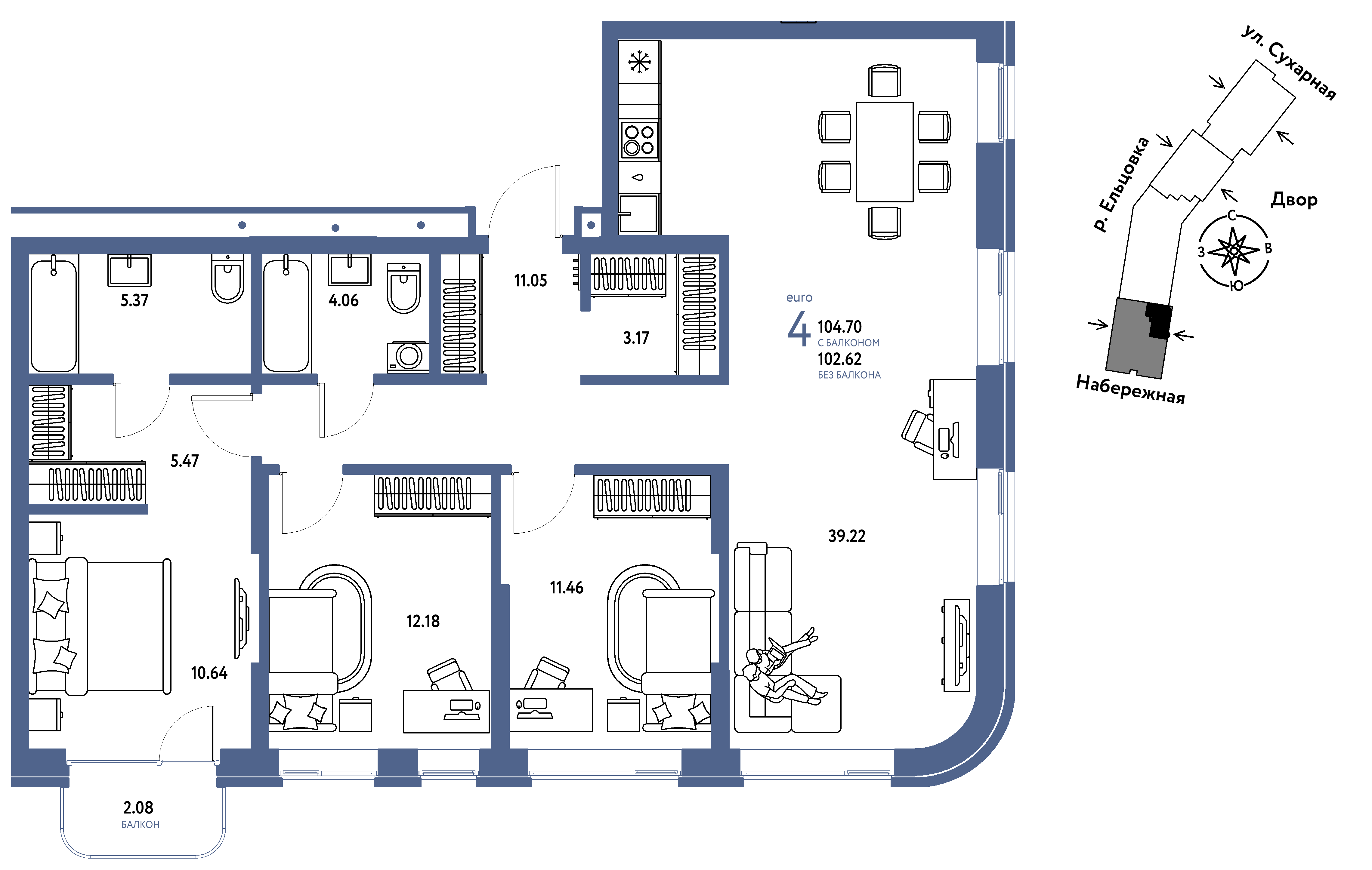 4-комнатная 104 м2 в ЖК Страна.Береговая корпус null этаж 5