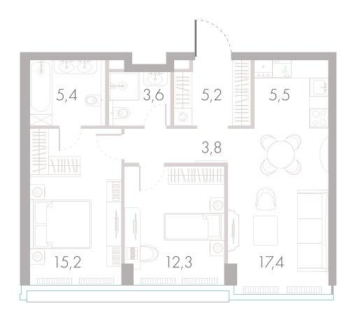 3-комнатная 65 м2 в ЖК River Park Towers Кутузовский корпус null этаж 21