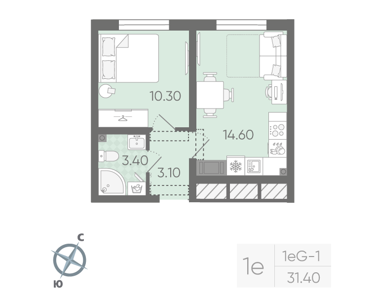 1-комнатная 31 м2 в ЖК Ручьи (2 оч.) корпус null этаж 5