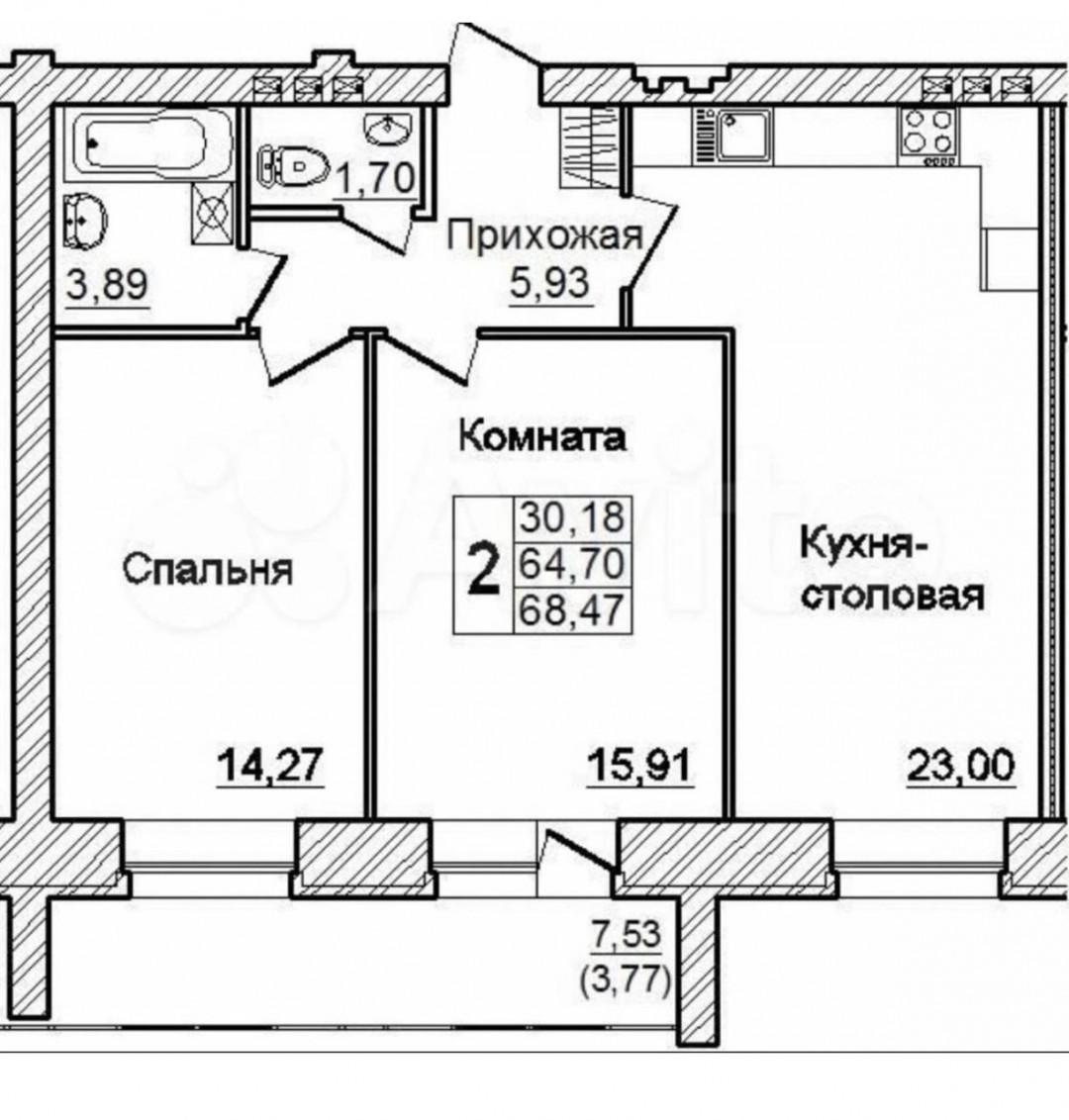 2-комнатная 64.4 м2 в ЖК undefined корпус null этаж 2