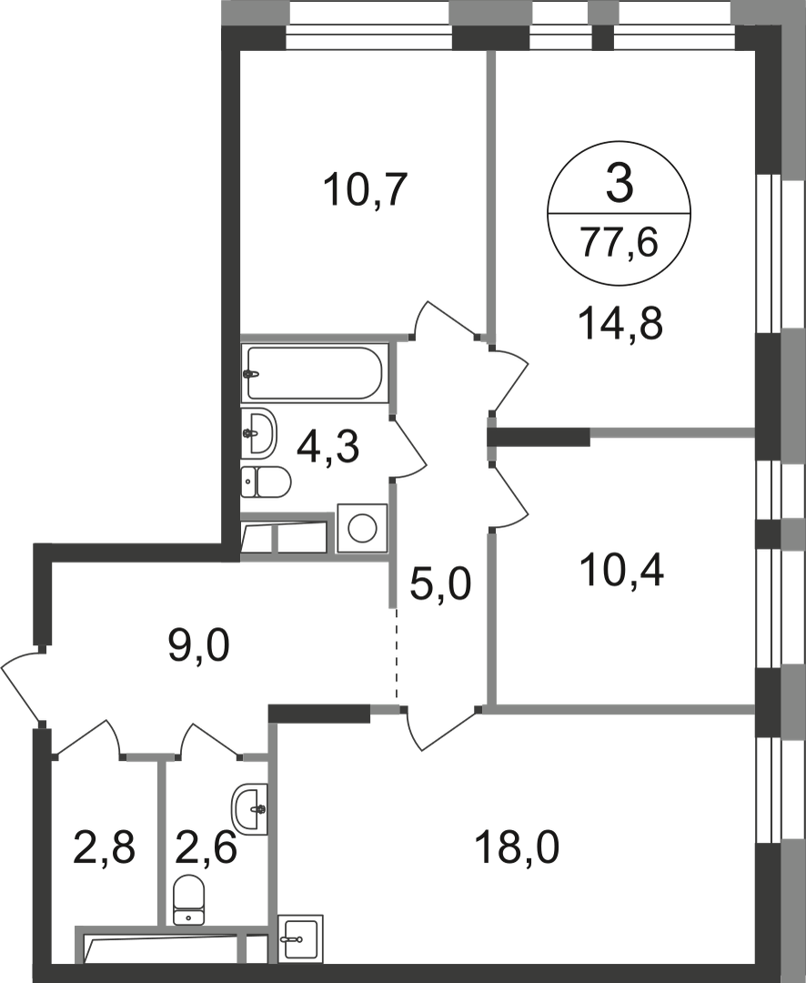 3-комнатная 77 м2 в ЖК Первый Московский корпус null этаж 12