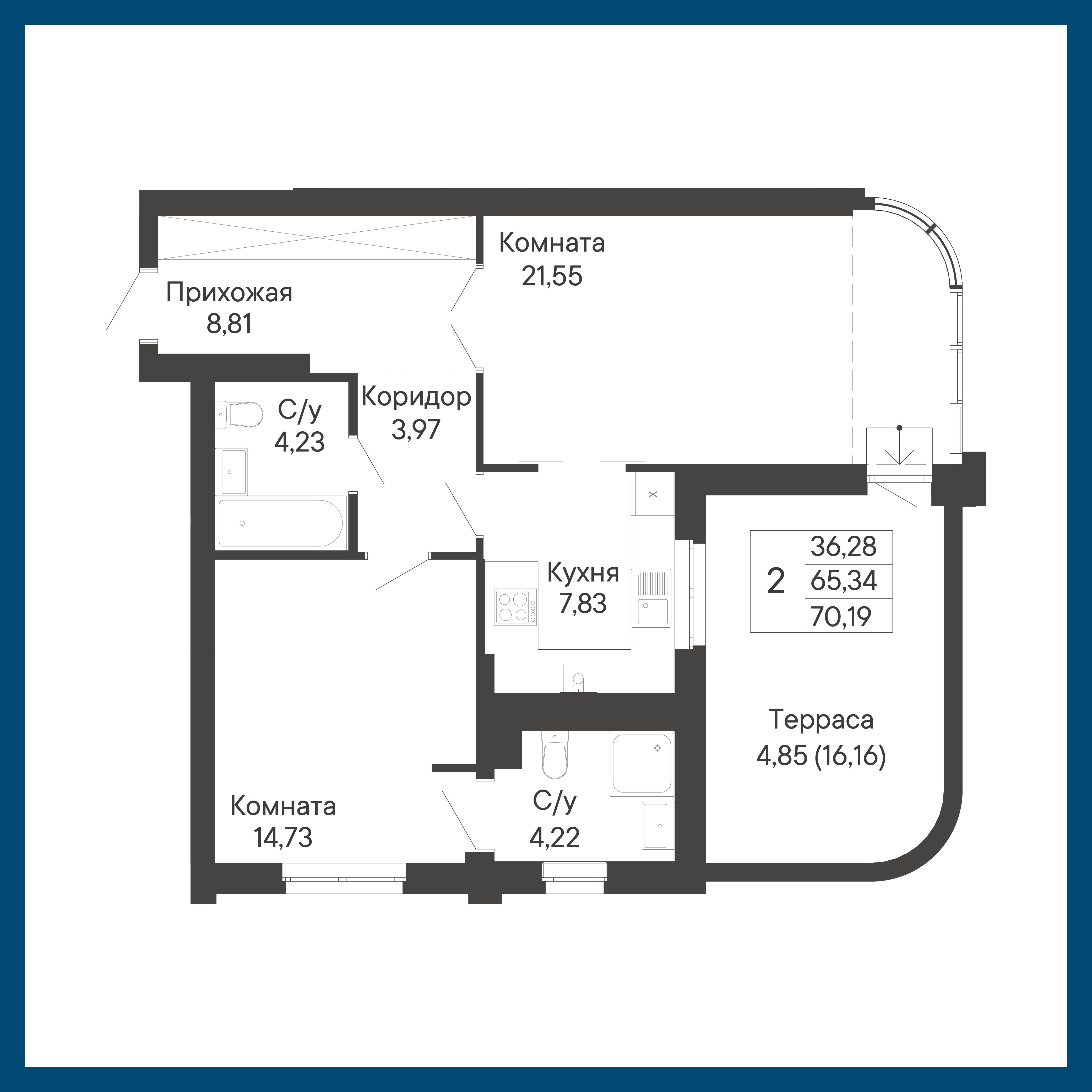 2-комнатная 70 м2 в ЖК Курортный квартал «Ривьера» корпус null этаж 8