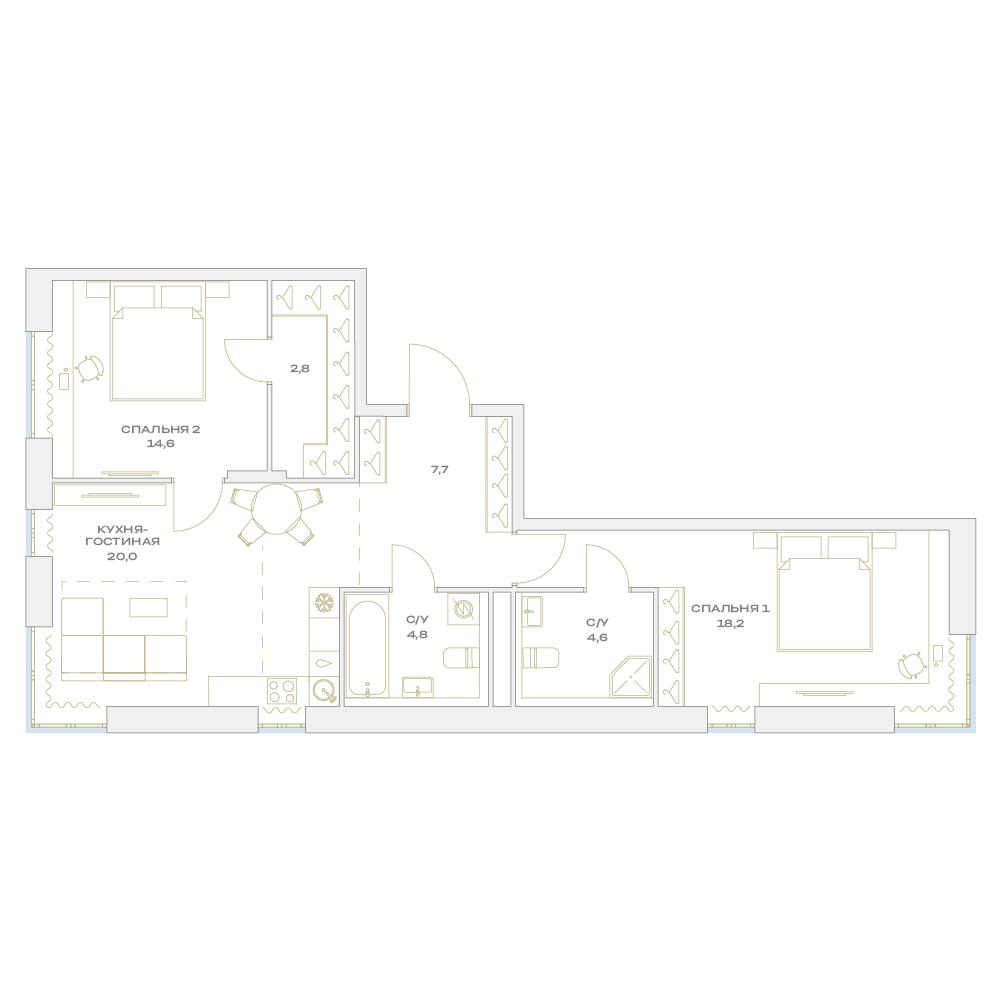 3-комнатная 72 м2 в ЖК Детали корпус null этаж 8