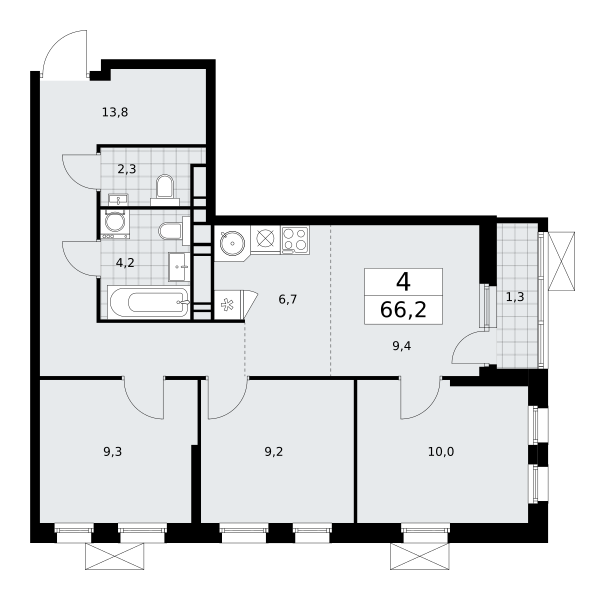4-комнатная 65 м2 в ЖК Скандинавия корпус null этаж 16