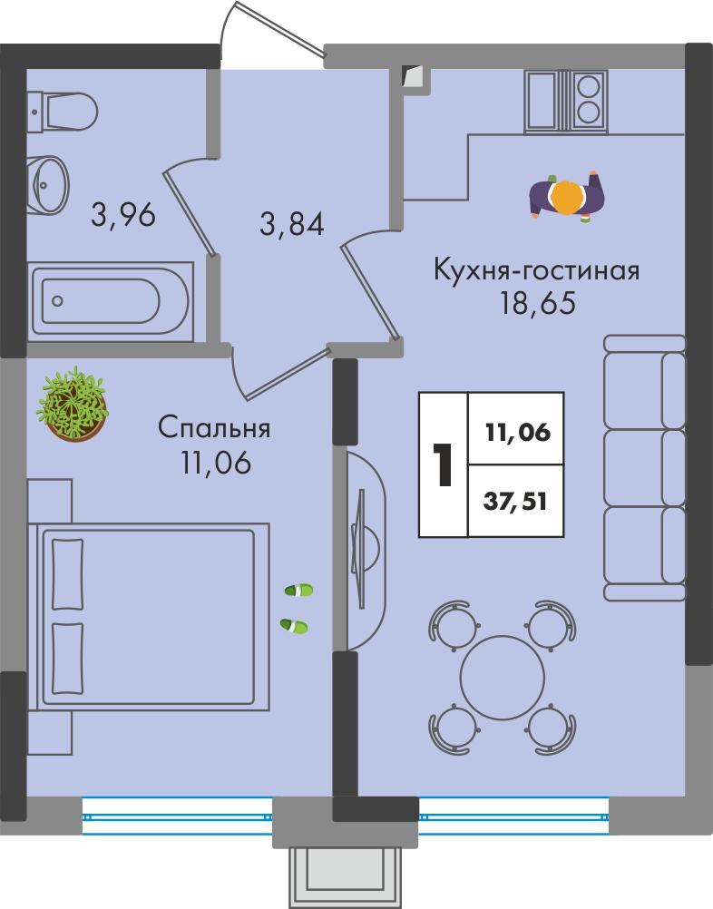 1-комнатная 37 м2 в ЖК Зеленая территория корпус null этаж 3
