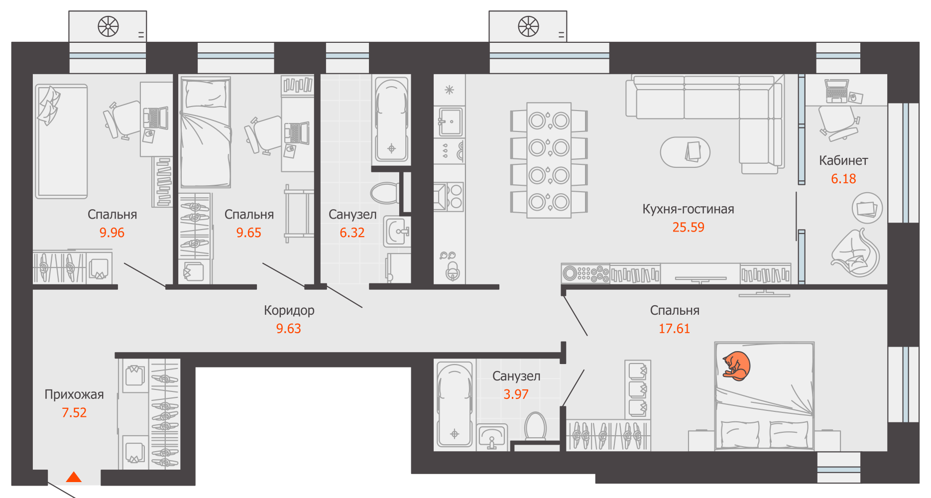 4-комнатная 96 м2 в ЖК Зарядное корпус null этаж 1